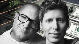 Jony Ive (left) and Sam Altman (right) photographed in black in white with money and stock counts in the background