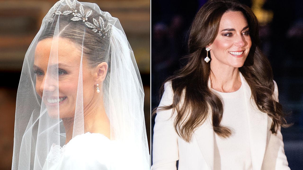 a collage of Olivia Henson and Kate Middleton both wearing white to illustrate how Kate Middleton inspired Olivia Henson&#039;s wedding day hair