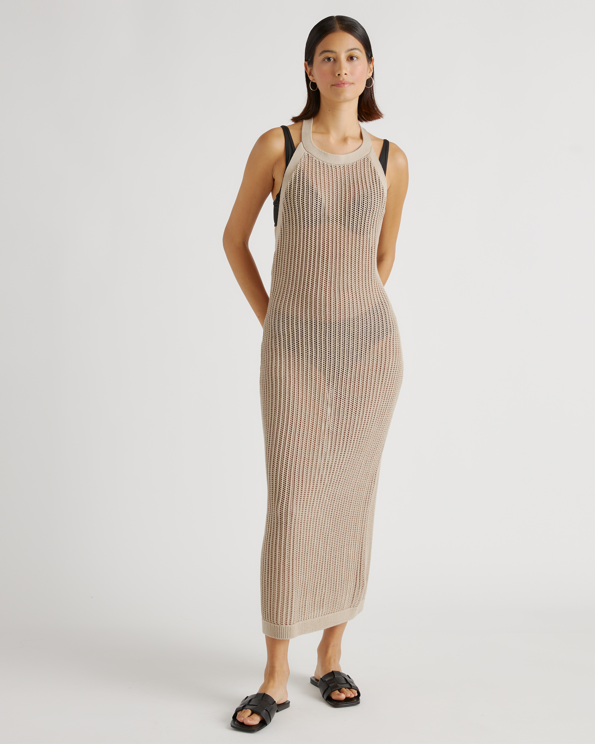 100% Organic Cotton Open-Knit Cover-Up Maxi Dress in Beige