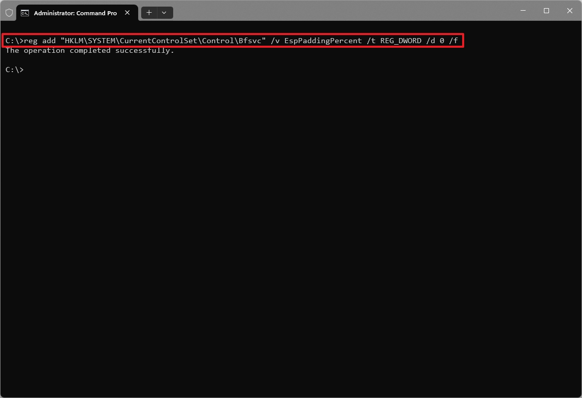 Command Prompt window showing a registry edit command highlighted in red. The command is executed successfully, indicated by a confirmation message.