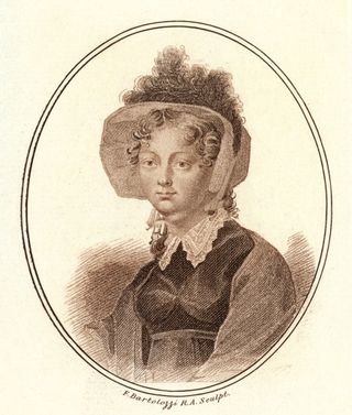 Black and white drawing of an 18th century woman wearing a bonnet