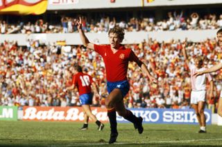 Spain's Emilio Butragueño celebrates after scoring his third goal against Denmark at the 1986 World Cup in Mexico.