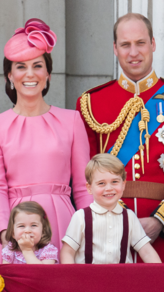 Catherine, Duchess of Cambridge, Princess Charlotte of Cambridge, Prince George of Cambridge and Prince William, Duke of Cambridge look on from the balcony during the annual Trooping The Colour parade on June 17, 2017 in London, England