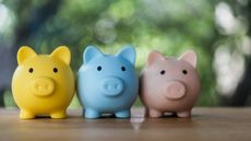 Three piggy banks lined up in yellow, blue and pink.