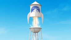 Illustration of a Hollywood water tower with the Paramount logo taking off like a rocket
