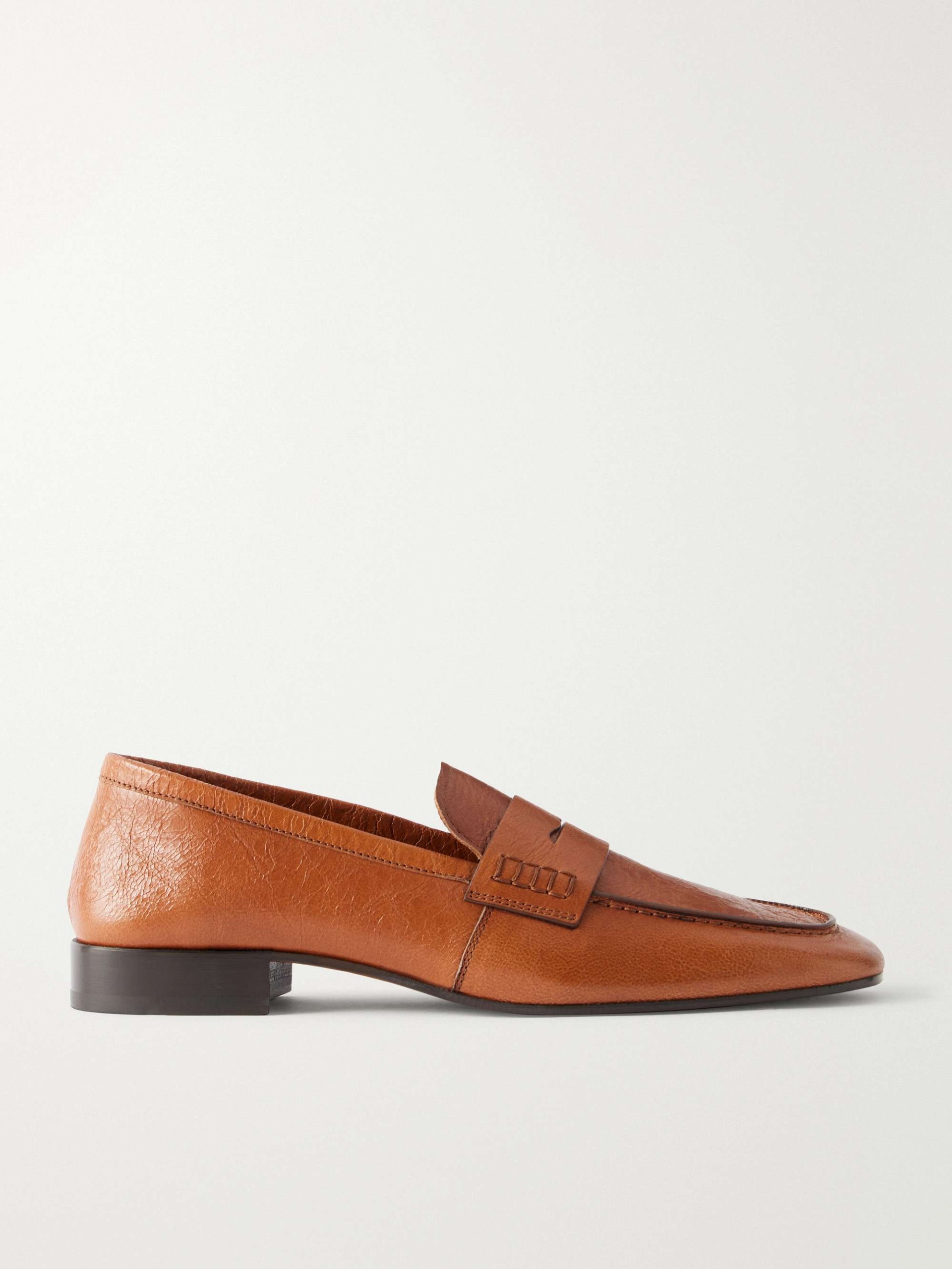 Glossed Textured-Leather Penny Loafers