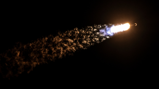 A Falcon 9 rocket cuts a blazing trail across a dark sky as it launches two private lunar landers to space.