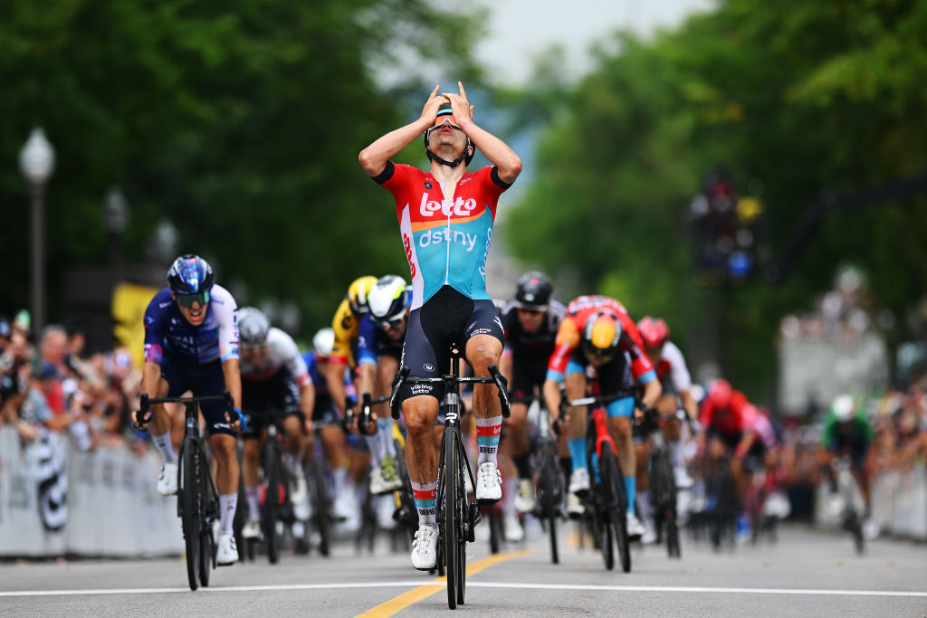 Arnaud De Lie (Lotto-Dstny) celebrating his debut WorldTour win at the GP Québec win last year