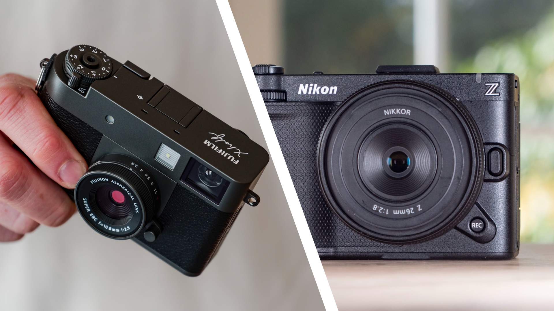 Fujifilm x Half in the hand (left) and the Nikon Zr on a wooden table