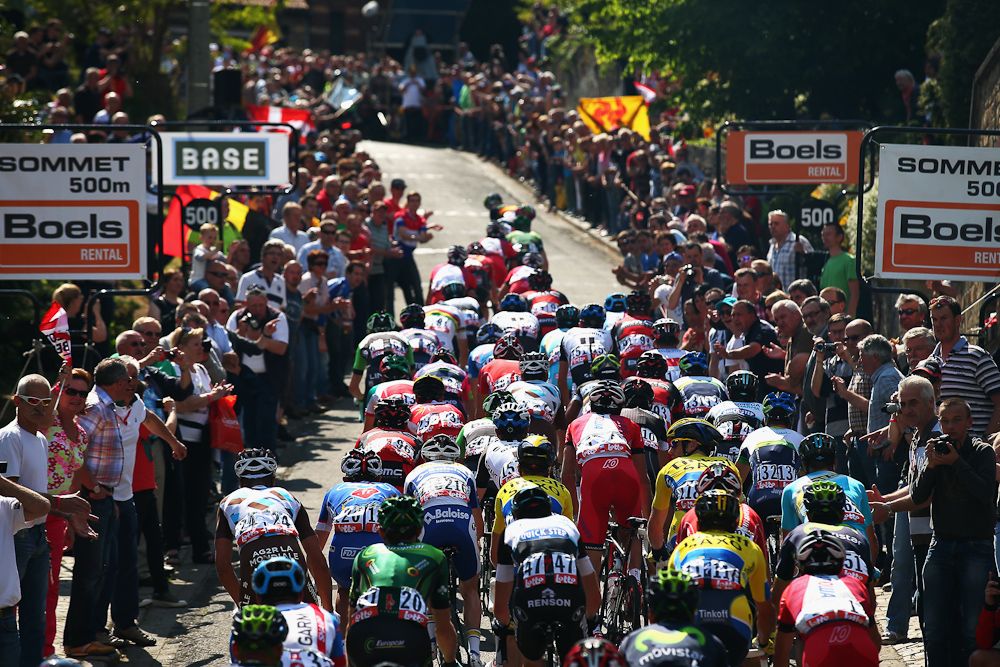 The peloton climbs the Mur de Huy during the 78th edition of the La Fleche Wallonne in 2014. The 199km parcours scaled the Mur de Huy climb three times, with the final 9.3 per cent average ascent providing the finish to the race.