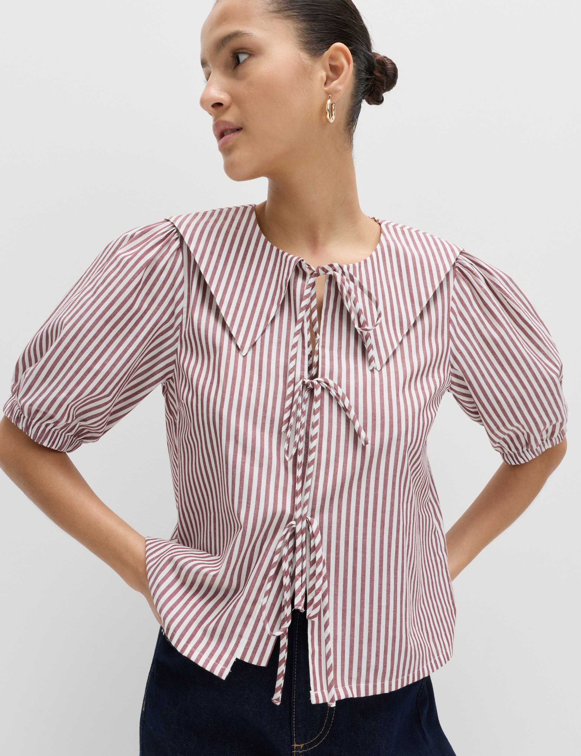 Pure Cotton Striped Oversized Collar Tie Detail Shirt