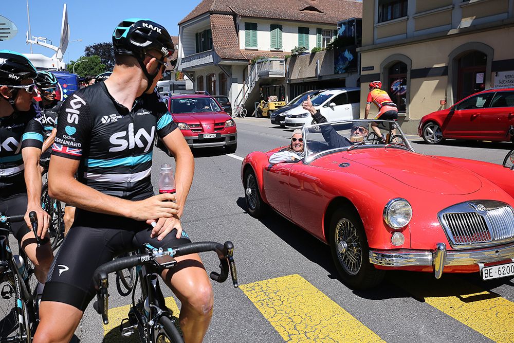 Ian Stannard admires an auto while riding during the second rest day
