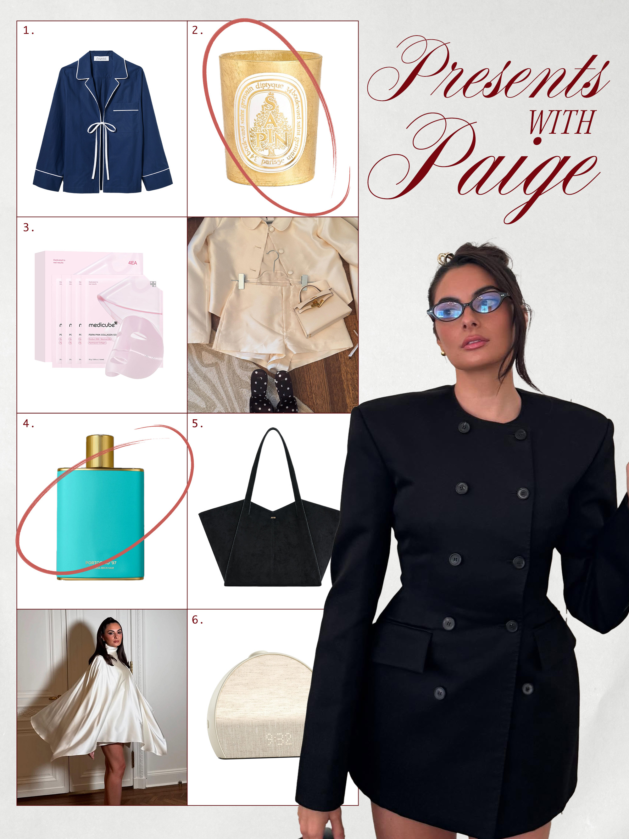 A collage of Paige DeSorbo and perfume, robes, bags, and candles for a holiday shopping guide.