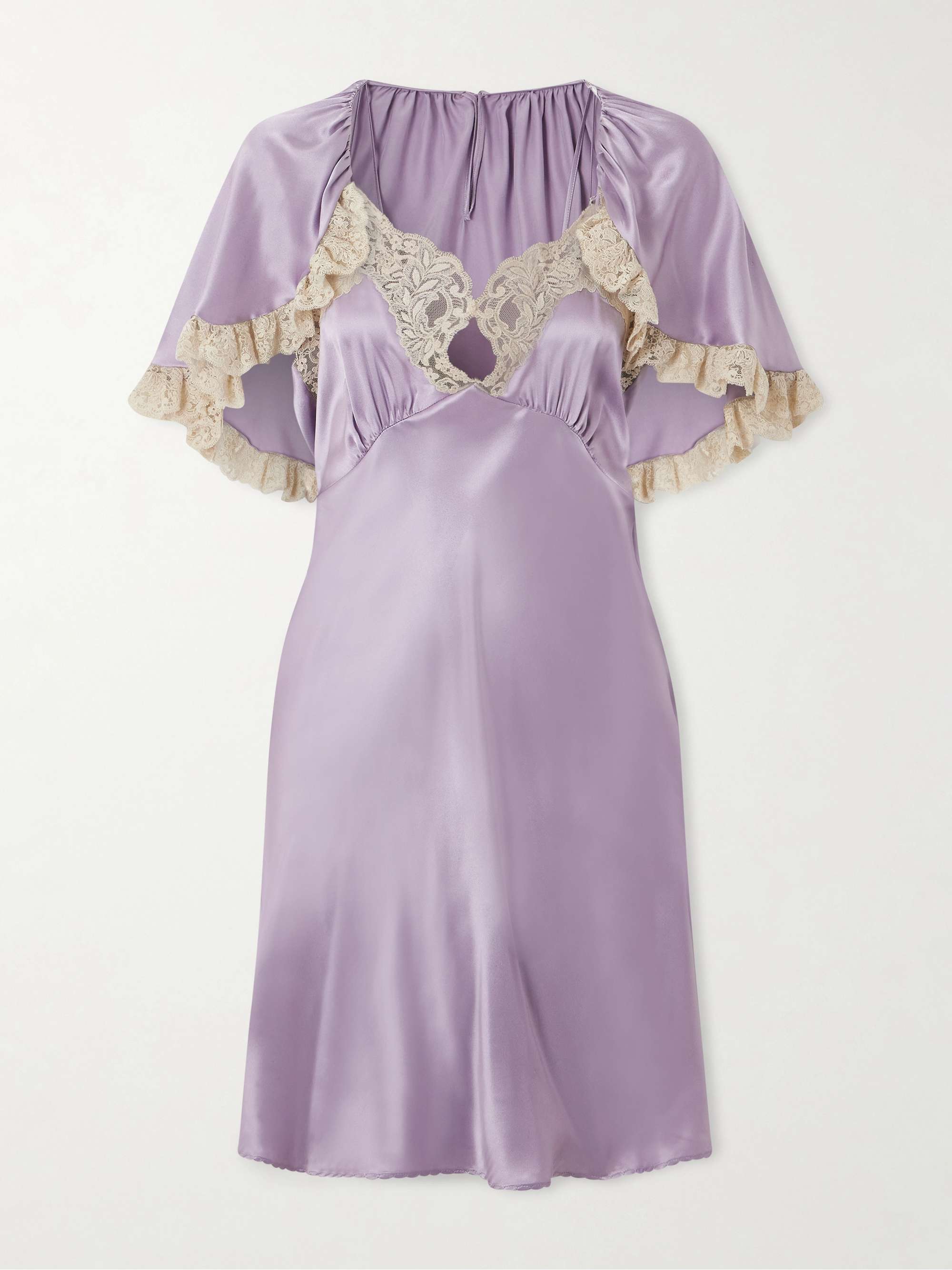 Cape-Effect Lace-Trimmed Silk-Satin Mini Dress