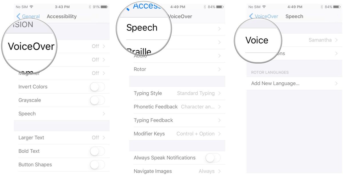 Tap VoiceOver, tap Speech, tap Voice