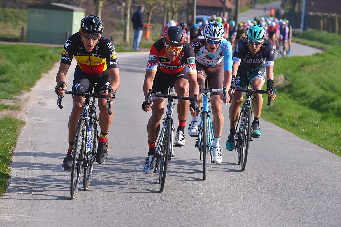 Philippe Gilbert (Quick-Step Floors), Greg Van Avermaet (BMC), Oliver Naesen (AG2R) and Lukas Postlberger (Bora)