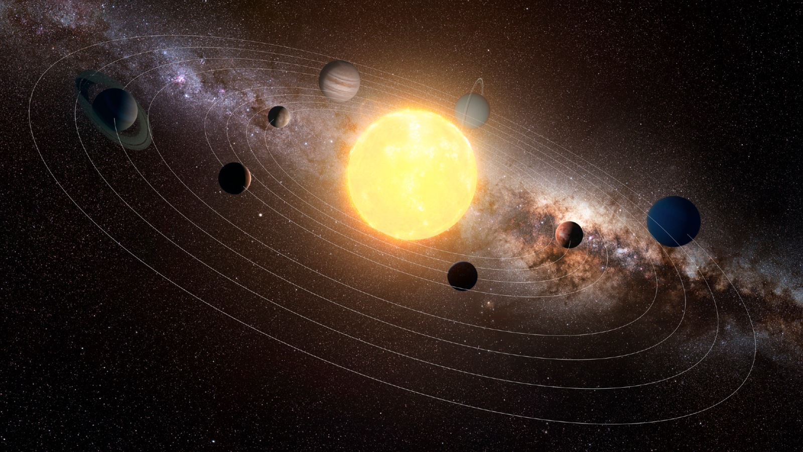 A diagram of the solar system. The sun is surrounded by the eight planets and rings representing their orbits