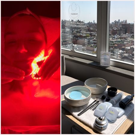a table with tools for lymphatic drainage and a picture of a woman getting a lymphatic drainage facial with red light