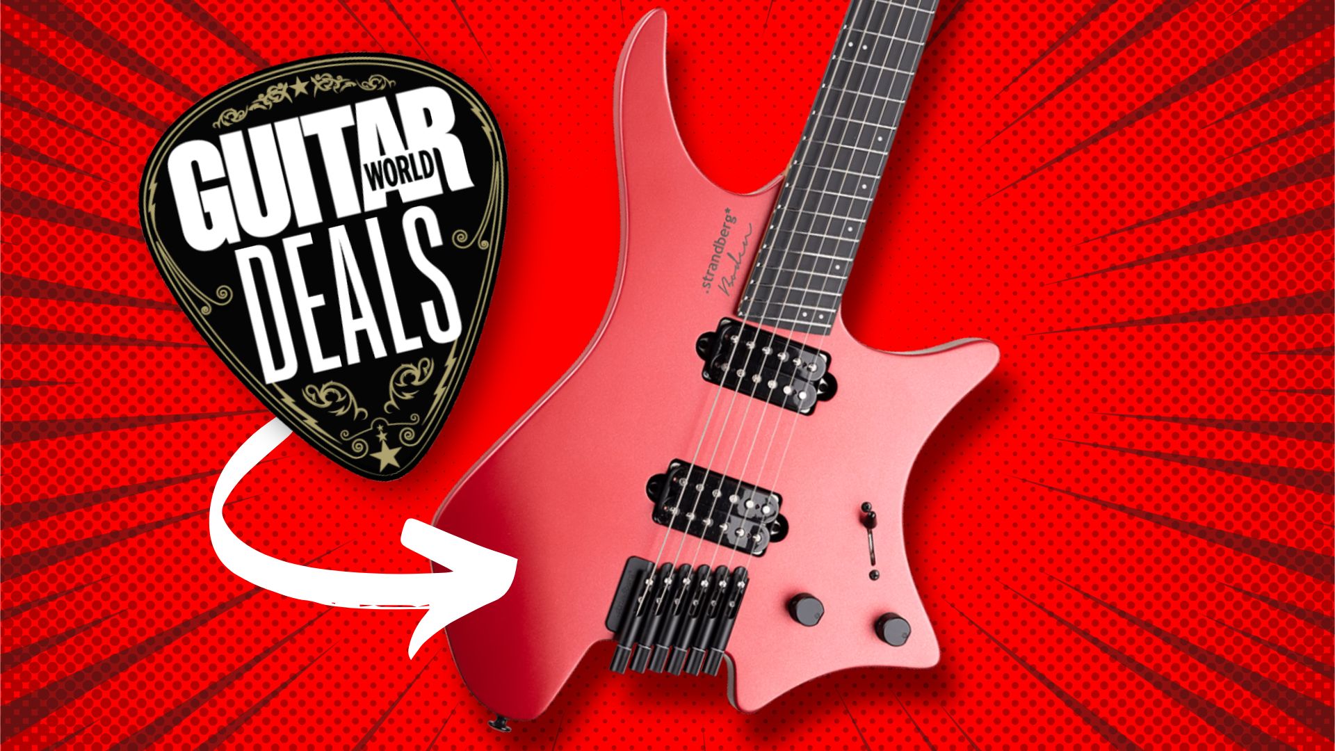 A Strandberg Boden Metal NX6 electric guitar on a red background