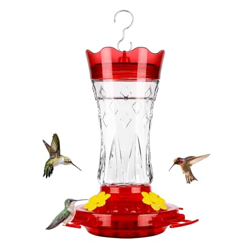 Bolite Glass Hummingbird Feeders for Outdoors Hanging, Built-In Ant Moat, 4 Bee Guard Feeding Ports With Perches, Leak Proof, 15 Ounces, Stars Decor, Red, Gifts for Women Men, Gifts for Mom Dad