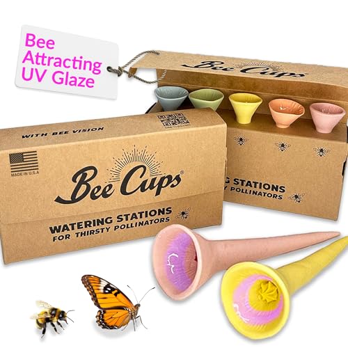 Bee Cups 5 Pack, Bee Watering Station, 100% Handmade From Porcelain, Bee and Butterfly Feeder for Garden, Outdoor Feeder for Thirsty Pollinators, Plastic Free, Bee Attracting Glaze (5, Pastel Variety)