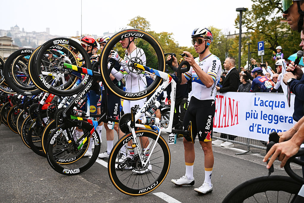 BERGAMO, ITALY - OCTOBER 10: Remco Evenepoel of Belgium and Team Red Bull - BORA - hansgrohe prior to the 120th Il Lombardia 2026 a 239km from / #UCIWT / Bergamo to Como on October 10, 2026 in Bergamo, Italy. (Photo by Dario Belingheri/Getty Images)