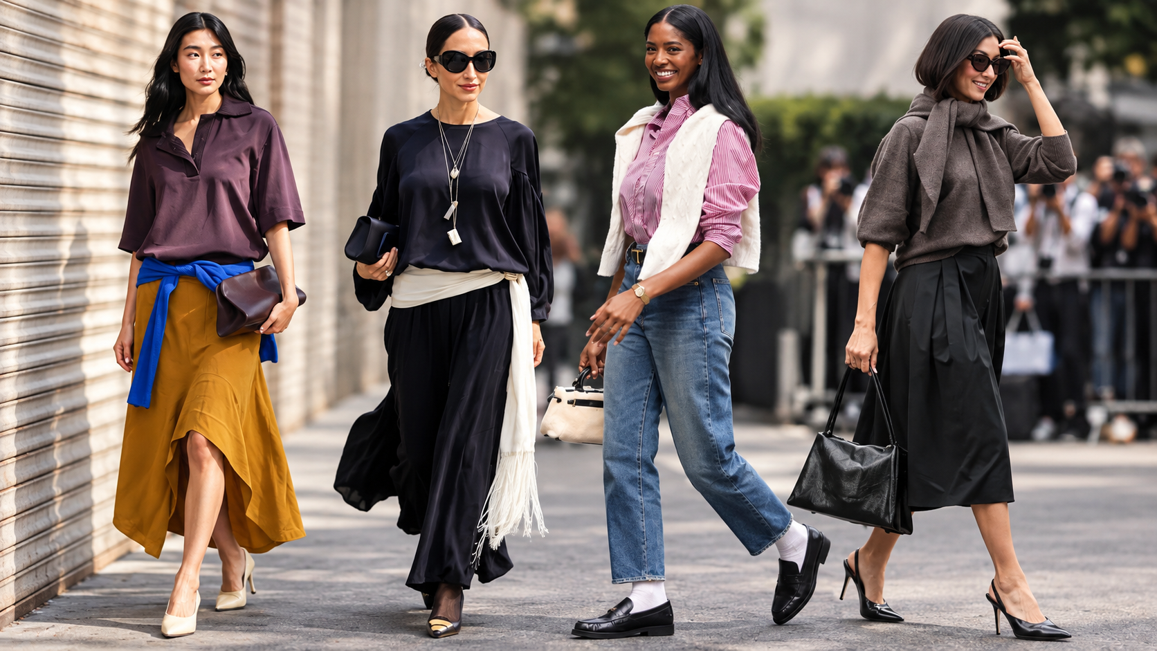 Four women in layered fall outfits, including sweaters, skirts, jeans, scarves, and loafers, walk along a city street.