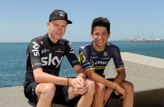 Chris Froome and Esteban Chaves at the presentation of the Cadel Evan Great Ocean Road Race