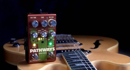 Source Audio Pathways is a reverb and tremolo twofer which arrives in a brown housing with a green cactus, and it offers full MIDI operation and comprehensive control over its sound.