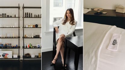 Elizabeth, founder of Stalle Studios, in a collage next to her products and massage bed