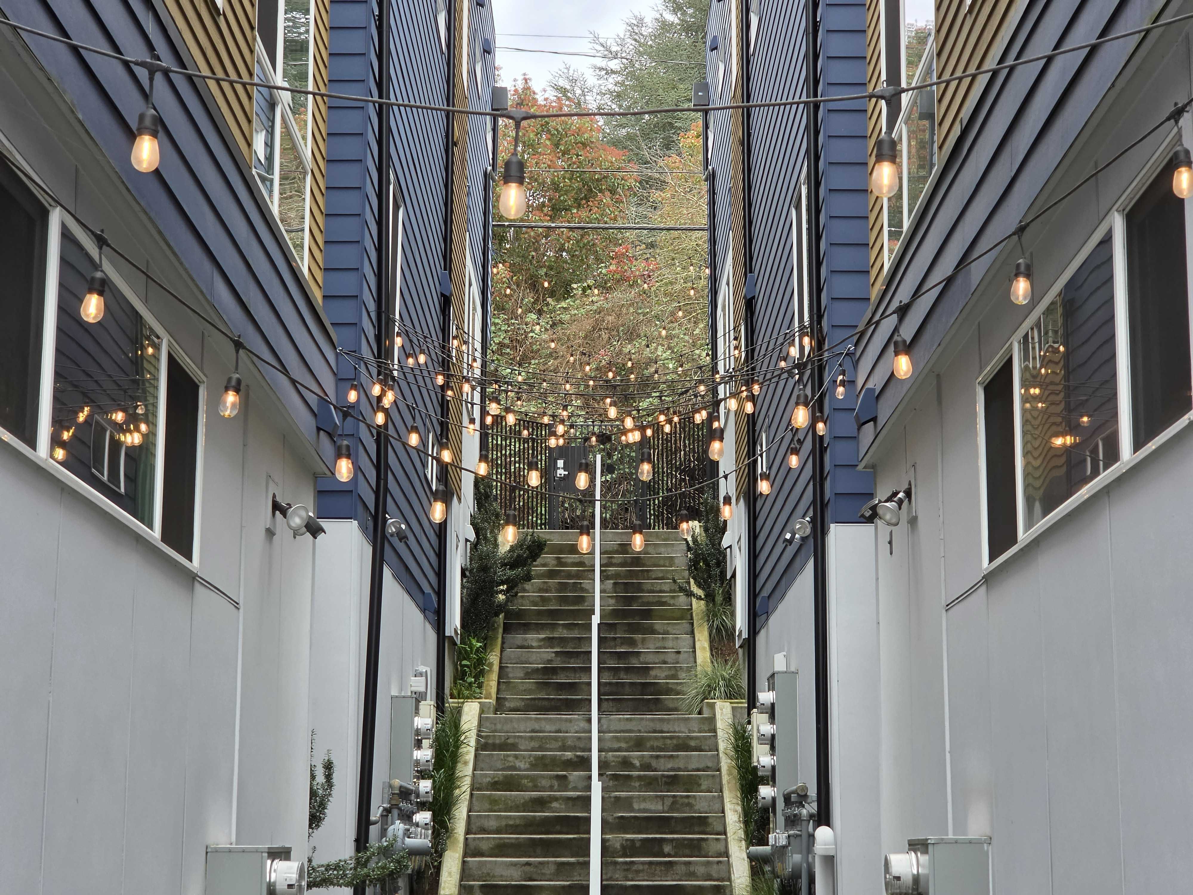 A staircase between two buildings and lights strung between them (3x)