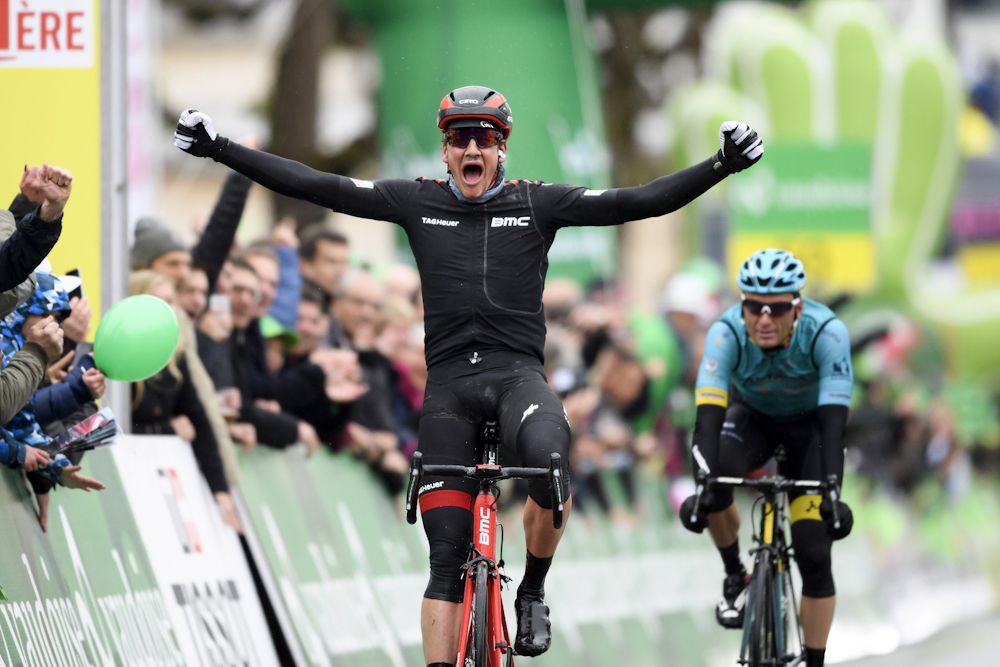 Stefan K&uuml;ng (BMC Racing) wins stage 2 at Tour de Romandie ahead of Astana's Andrey Grivko