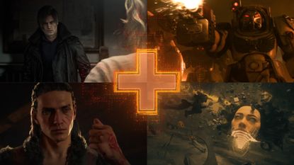 Upcoming PC games for 2026 showing Leon Kennedy in Resident Evil Requiem, marines in Warhammer 40,000: Dawn of War 4, Coen in The Blood of Dawnwalker, and a woman's face in Control Resonant