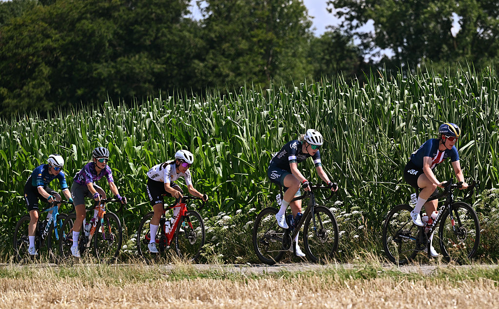 OLSENE, BELGIUM - JULY 18: (L-R) Aidi Gerde Tuisk of Estonia and Team Coop - Repsol, Matilde Vitillo of Italy and Team Liv AlUla Jayco Women's Continental, Lea Stern of Switzerland and Team KDM - Pack Cycling vzw, Lea Stern of Switzerland and Team KDM - Pack Cycling vzw and Rose Kloese of Netherlands and Team WV Schijndel compete in the breakaway during the 11th Baloise Ladies Tour 2025, Stage 2 a 127.3km stage from Olsene to Olsene on July 18, 2025 in Olsene, Belgium. (Photo by Luc Claessen/Getty Images)