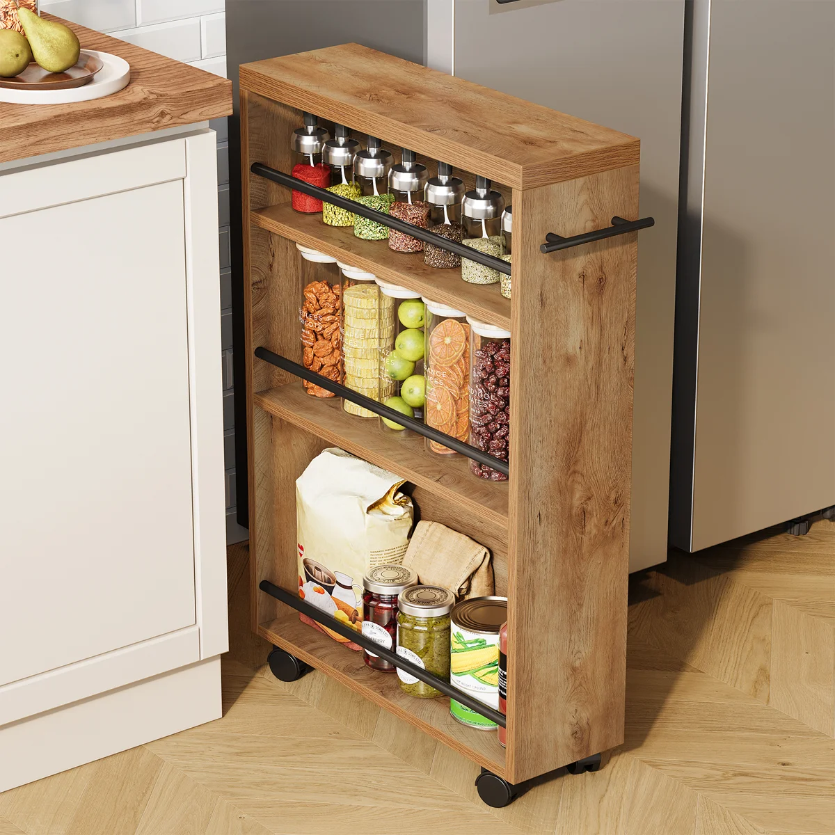 A wooden utility cart being pulled from between a counter and a fridge