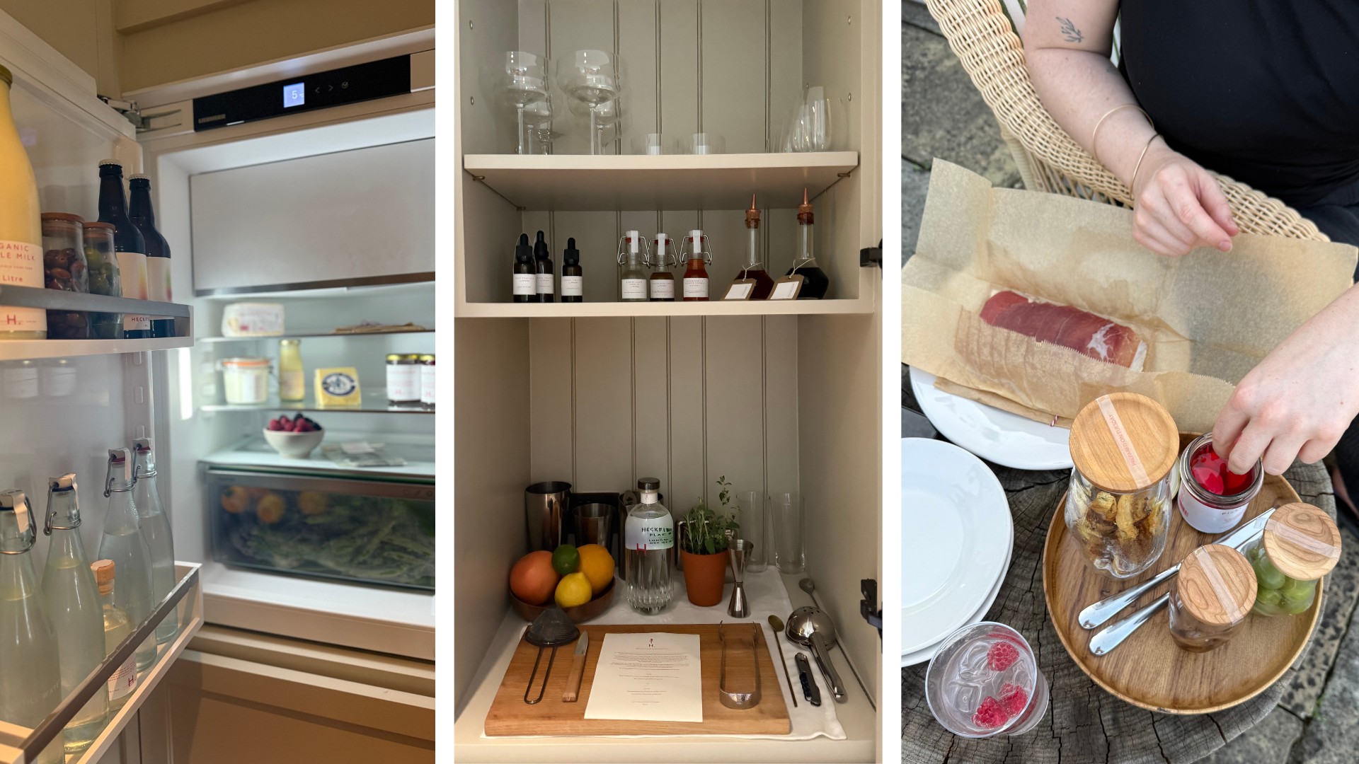 Three images showing details of the cottage provisions: a fridge stocked with milk, fruit, vegetables, and drinks; a cupboard bar with spirits, mixers, citrus fruit, and glassware; and a table with cured meat, jars of snacks, grapes, and a drink garnished with raspberries.