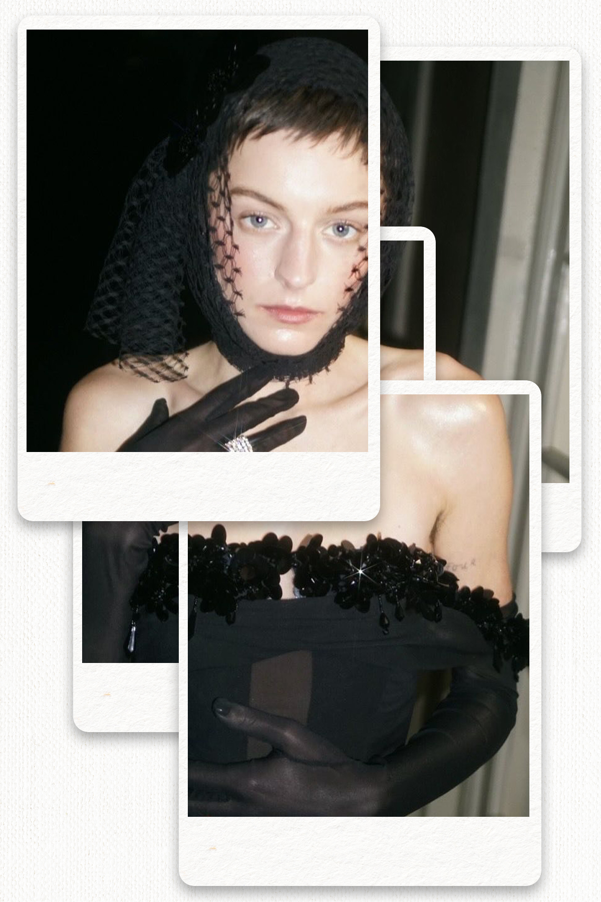 Emma Corrin wearing a black strapless dress with a matching lace headpiece