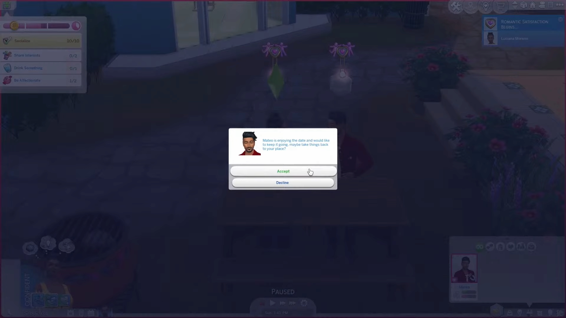 The Sims 4 Lovestruck live preview event screenshot showing an NPC relationship prompt in-game