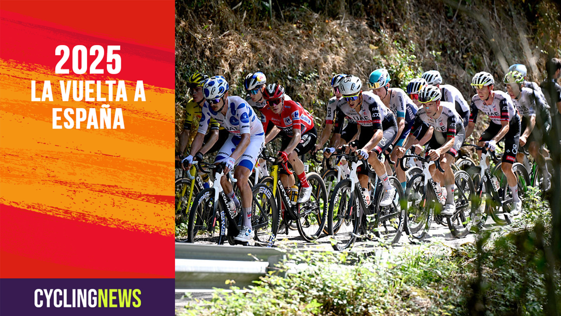 L&#039;ANGLIRU, SPAIN - SEPTEMBER 05: (L-R) Jay Vine of Australia and UAE Team Emirates - XRG - Polka Dot Mountain Jersey and Jonas Vingegaard of Denmark and Team Visma | Lease a Bike - Red Leader Jersey compete during the La Vuelta - 80th Tour of Spain 2025, Stage 13 a 203.7km stage from Cabezon de la Sal to L&#039;Angliru 1556m / #UCIWT / on September 05, 2025 in L&#039;Angliru, Spain. (Photo by Dario Belingheri/Getty Images)