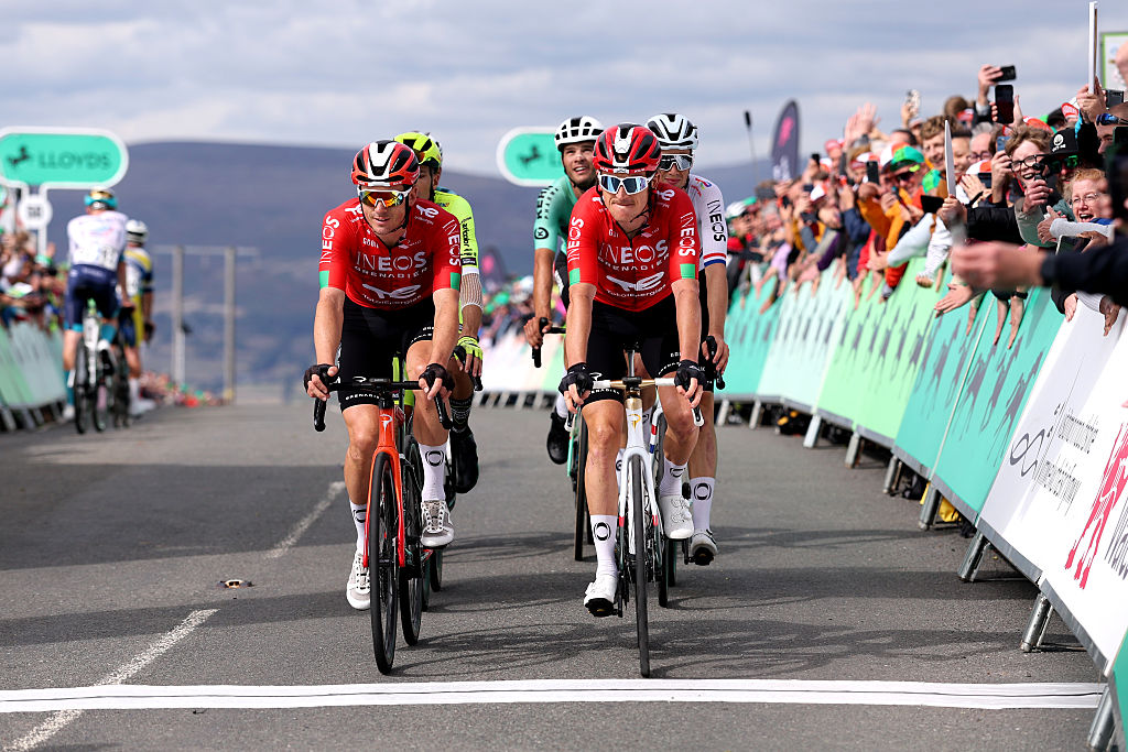 THE TUMBLE, UNITED KINGDOM - SEPTEMBER 06: (L-R) Ben Swift of Great Britain and Geraint Thomas of Great Britain and Team INEOS Grenadiers cross the finish line during the 21st Tour of Britain 2025, Stage 5 a 133.6km stage from Pontypool to The Tumble on September 06, 2025 in The Tumble, United Kingdom. (Photo by Alex Livesey/Getty Images)