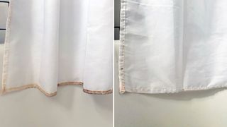 Before and after showing how to clean a shower curtain using vinegar