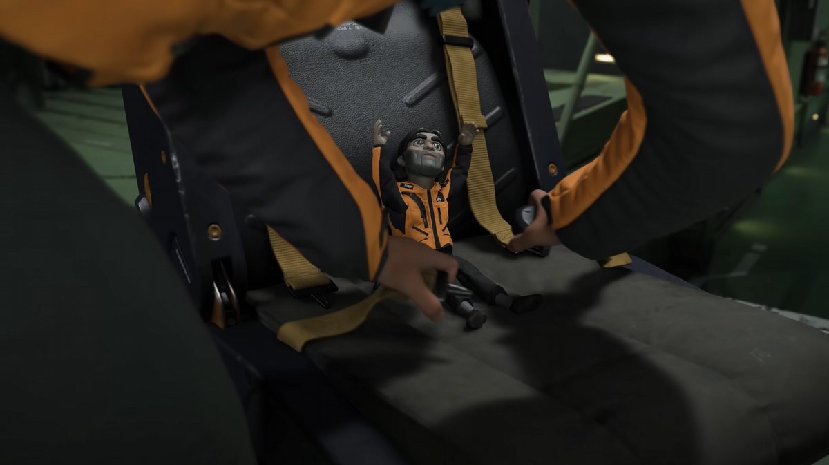 Dollman being buckled into a seat in Death Stranding 2