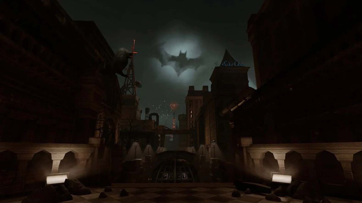 Batman: Arkham Shadow &mdash; Bat signal in Gotham's sky.