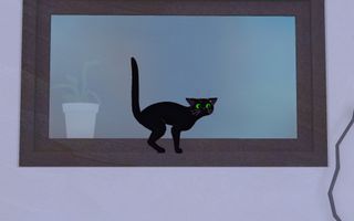 a scared black cat stands on a ledge