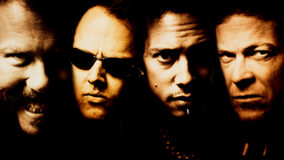 Metallica in 1996 pulling faces and bathed in a golden hue