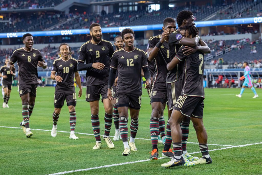 Jamaica players celebrate after a first half goal by defender Dexter Lembikisa (#2)during the Concacaf Nations League third place match between Panama and Jamaica on March 24, 2024 at AT&amp;T Stadium in Arlington, Texas. (Photo by Matthew Visinsky/Icon Sportswire via Getty Images)