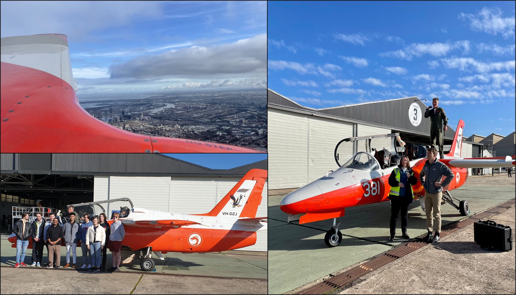 The plane flying over Melbourne (top left), with students (bottom left) and readying for flight (right).