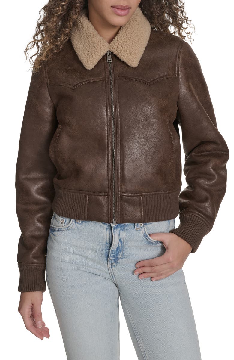 Faux Shearling Trim Faux Leather Western Bomber Jacket