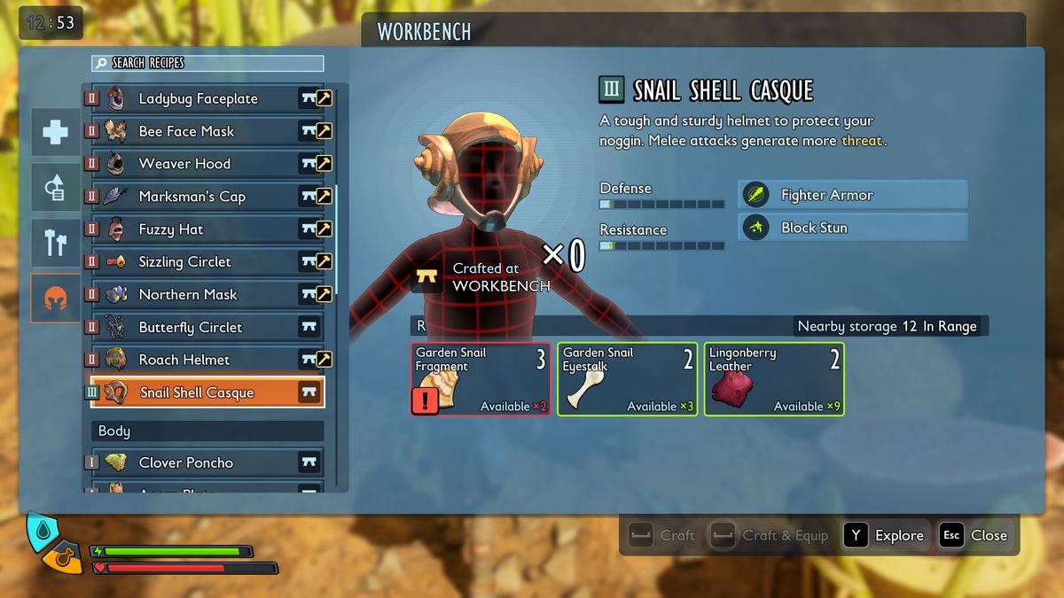 Grounded 2 best armour: The Snail Shell Casque recipe shown in the workbench interface.