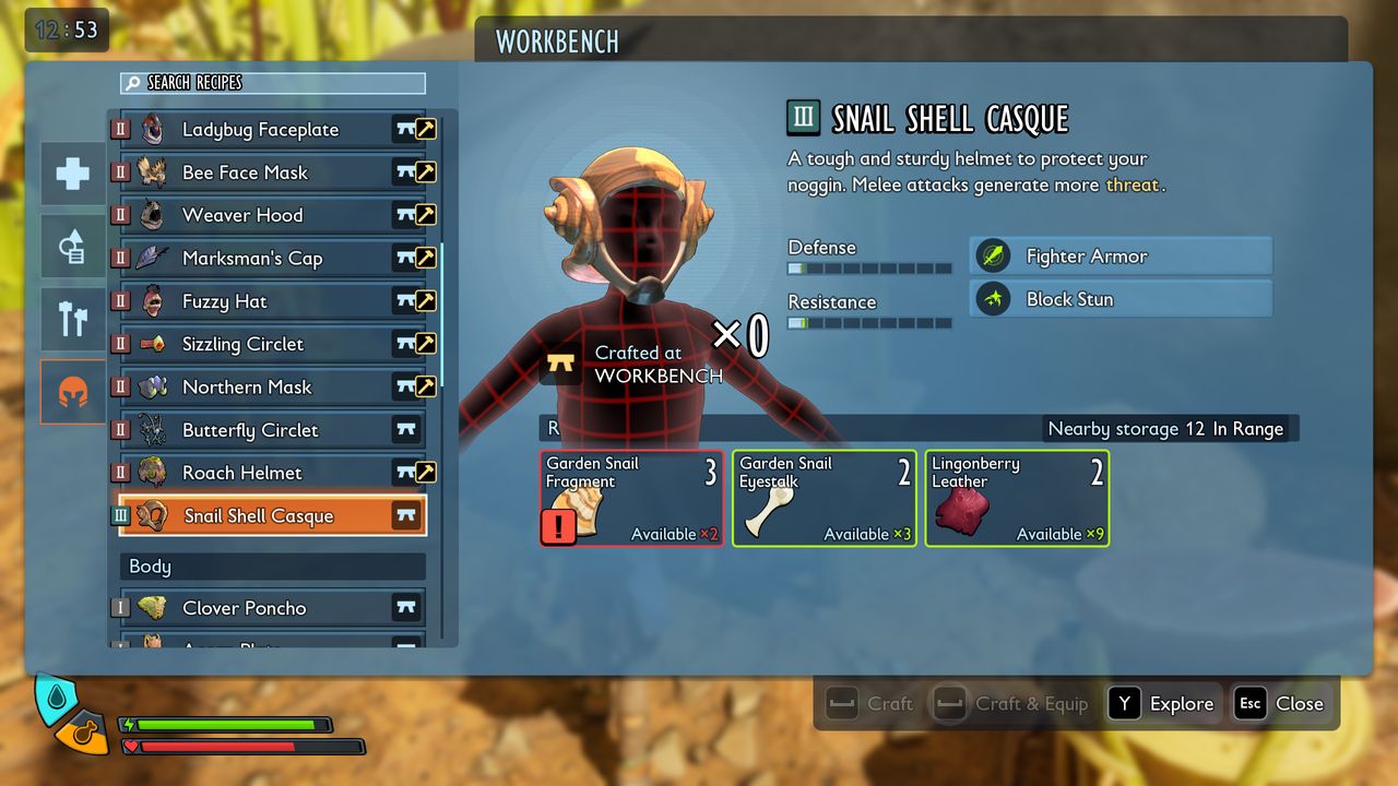Grounded 2 best armour: The Snail Shell Casque recipe shown in the workbench interface.